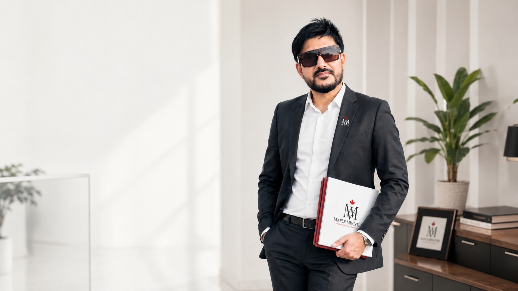 Maple Minister document specialist in a suit holding branded document folders
